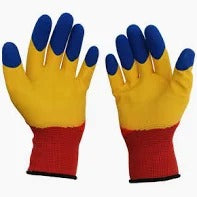 Manusi de lucru, tricot + latex, marime universala, rosu-galben-albastru 12buc/set