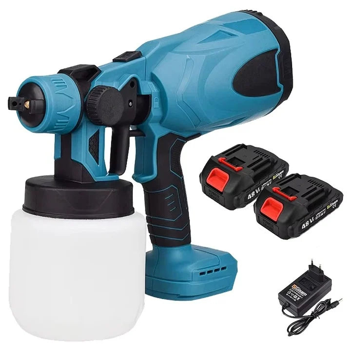 Pistol de vopsit cu acumulator, capacitate 800 ml, debit reglabil, 3 moduri de pulverizare, autonomie mare, 2 acumulatori inclusi de 48V, vascozitate 130din, debit maxim 1l/min, negru-albastru