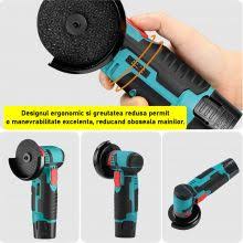 Mini polizor flex unghiular portabil 2 acumulatori 12V, 750W, 1500 mAh, 19500 rpm, 2 discuri 76 mm, soft start, design modern, Verde/Negru
