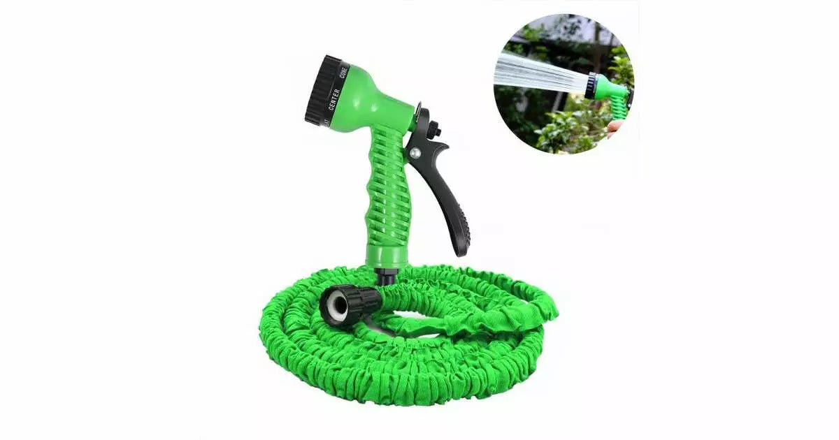 Furtun extensibil de gradina - Lungime 30m - Pistol cu 7 tipuri de jet - Verde