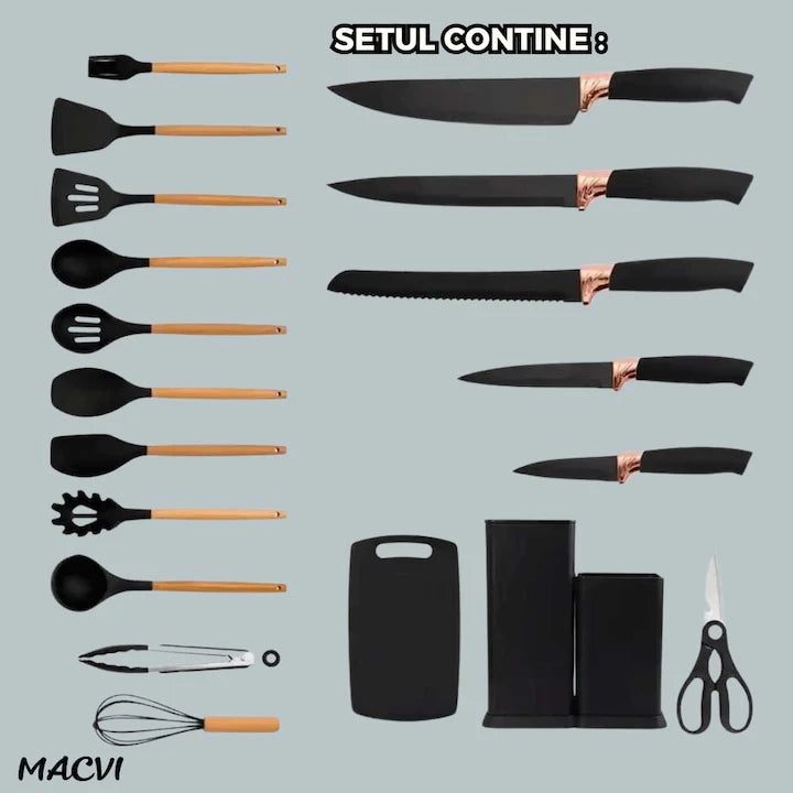 Set ustensile bucatarie , cu suport, 19 piese