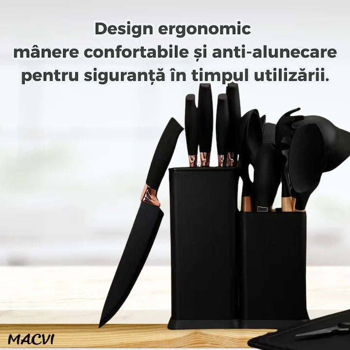 Set ustensile bucatarie , cu suport, 19 piese