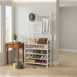 Cuier Multifuncțional Slim 170x60 cm, Alb – Suport Haine cu 5 Rafturi Pantofi și Cârlige Accesorii
