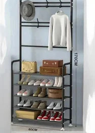 Cuier  Multifuncțional Slim 170x60 cm, Negru Mat – Suport Haine cu 5 Rafturi Pantofi și Cârlige Accesorii